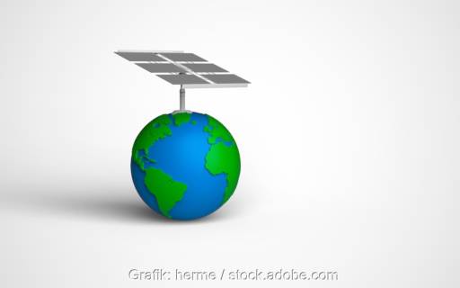 Solar-PV-Tracker auf Weltkugel als Grafik dargestellt - Symbol für Solarenergie weltweit