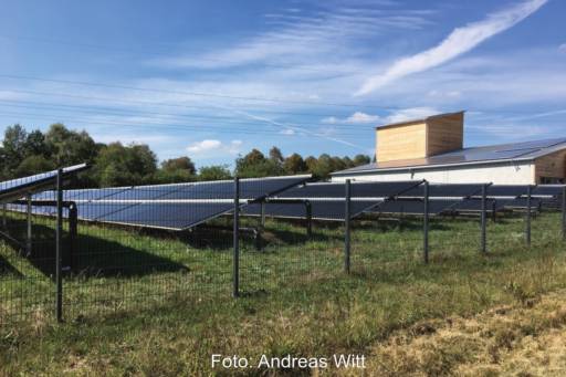 Hinter einem Zaun ist eine größere Solarthermieanlage mit Röhrenkollekoren installiert. Im Vordergrund eine grüne Wiese, im Hintergrund blauer Himmel. Am rechten Rang ragt ein kleiner Holzturm emport - er gehört zu einer Holzhackschnitzelanlage
