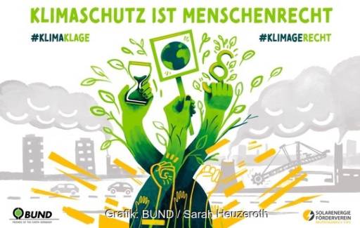 Eine Illustration für die neue Klimaklage des BUND mit der Aufschrift Klimaschutz ist Menschenrecht.