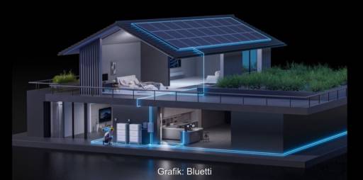 Im Bild eine Grafik eines Hauses mit Solaranlage, Bluetti entwickelt einen Solarziegel.
