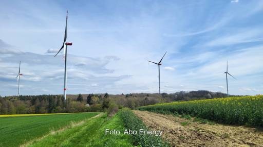 Im Bild ein Windpark, der Projektentwickler Abo Energy ist in den Bereichen Wind, Solar, Speicher und Wasserstoff tätig.