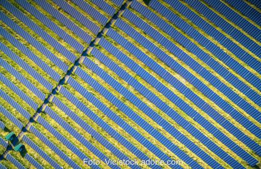 Photovoltaik-Freiflächen-Anlage aus der Luft mit langen Modulreihen - Symbolbild