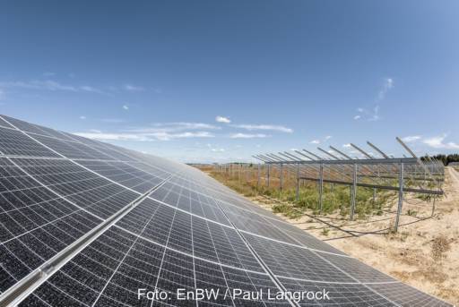 Solar-Park im Bau, Blick entlang der Modulreihen.