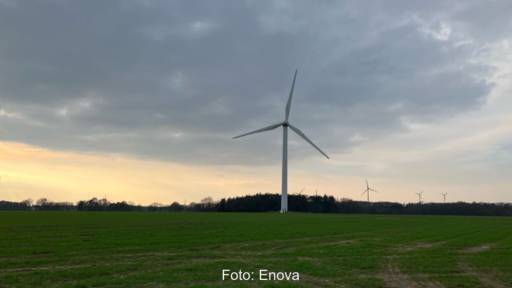 Windpark im Flachland vor Horizont mit Wolken und Farbenspiel am Himmel.