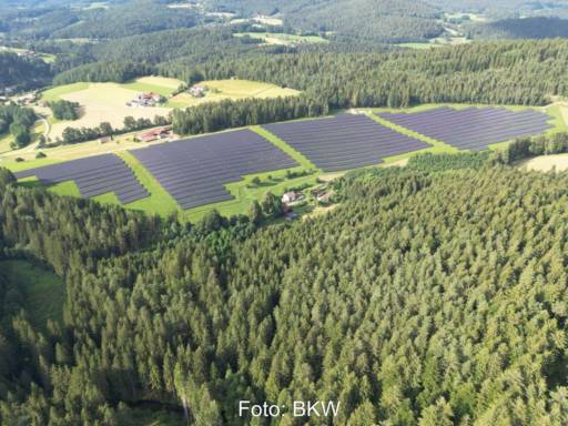 Luftbild eines PV-Parks umgeben von Wäldern.