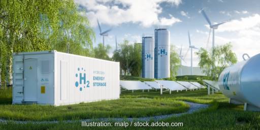 Computer-Illustration zeigt einen Container, mehrere hohe Tanks, Windenergie und Photovoltaik. Symbol für Wasserstoff und Elektrolyse.