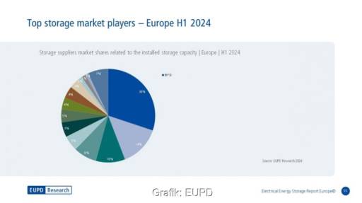 Im Bild ein Tortendiagramm mit den anonymisierten Marktanteilen der Speicherhersteller in Europa im 1. Halbjahr 2024, BYD ist Marktführer für PV-Speicher.