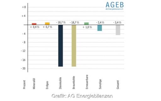 Im Bild ein Balkendiagramm, das die Änderungen der verschiedenen Energieträger am Energieverbrauch in Deutschland im ersten Halbjahr 2024 im Vergleich zum Vorjahreszeitraum zeigt.
