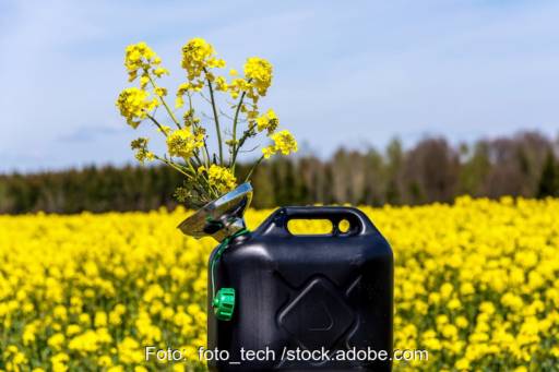 Kanister mit Rapsblüten vor Rapsfeld - Symbol für Biodiesel, Biokraftstoffe, Bioenergie, Biokraftstoff