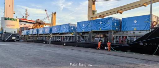 Ein Schiff an einer Kaikante, darauf Container gestapelt - Lieferung der Großspeicher Powertitan von Sungrow.