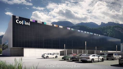 Im Bild eine Animation der Fassaden-Photovoltaik bei Collini, die Rhomberg Energie baut.