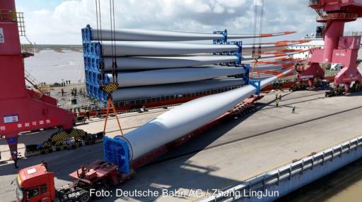 Im Bild Hafenkräne für den Schwertransport von Rotorblättern nach Indien von DB Schenker.