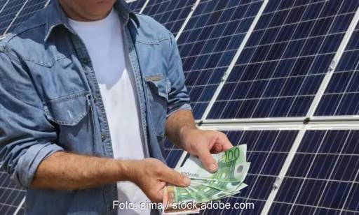 Im Bild ein Mann mit Geldscheienn vor Photovoltaik-Anlage als Symbol für die Ausschreibung für PV-Freiflächenanlagen.