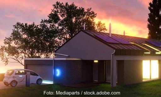 Im Bild ein Haus mit Photovoltaik-Anlage und E-Auto, der Eon-Home-Energiemanager kann solares Laden.
