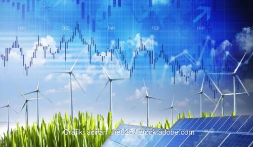 Im Bild Photovoltaik und Windenergie vor einer Kurve als Symbol für das Strommarktdesign der Zukunft.