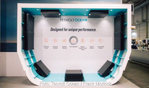Im Bild der Schnitt eines Schiffrumpfes, der mit Batteriemodulen von Tesvolt Ocean ausgestattet ist.
