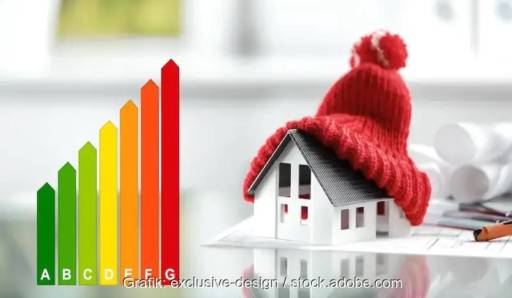 Eine Grafik zeigt Energieeffizienzklassen und ein Haus mit Pudelmütze als Symbol für die Sanierungsoffensive im Gebäudesektor.