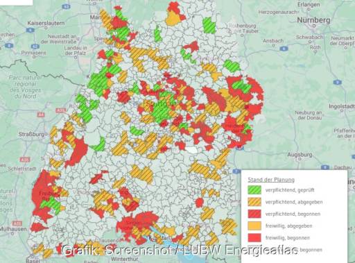 Im Bild eine Karte die zeigt, welche Kommunen die Freiwillige kommunale Wärmeplanung in Baden-Württemberg in Angriff genommen haben.