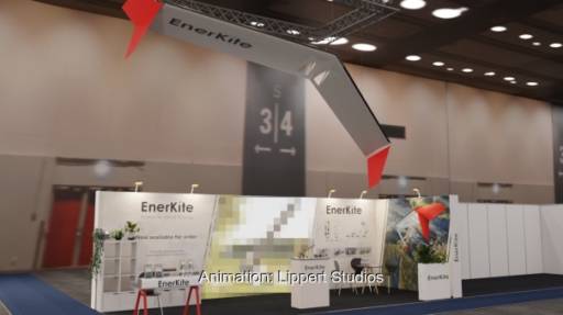 Zu sehen ist der Messestand von Enerkite, das Unternehmen entwickelt Flugwindkraft-Technologie.