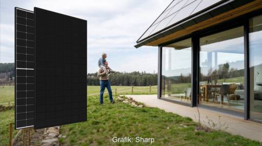 Im Bild die neuen Glas-Glas-Photovoltaik-Module von Sharp in einer Fotomontage mit Mann, Kind und Haus.