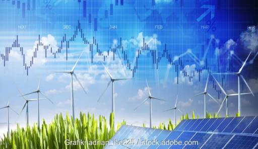 Im Bild eine Kurve, PV und Windenergie als Symbol für einen möglichen Insiderhandel im Strommarkt.