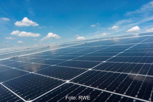 Solarmodule einer Freiflächenanlage unter blauem, am Horizont leicht bewölktem Himmel.