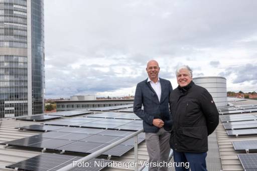 Zwei lachende Männer auf einem Hochhausdach mit PV-Anlage