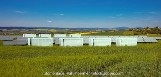 Fotomontage zeigt PV-Park mit Speichern auf grüner Wiese.