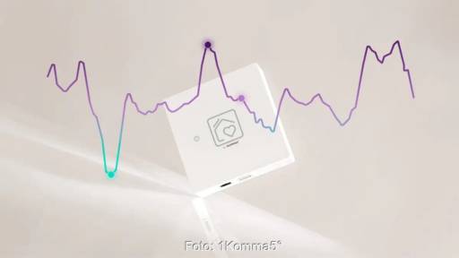 Eine Kurve mit dem Energiemanager Heartbeat von 1Komma5° als Symbol für die Strompreisgarantie.