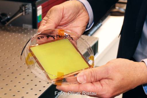 Zwei Hände mit einer gelben Zelle in einer Glasschale.