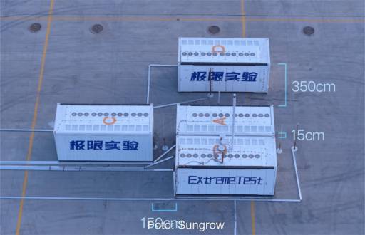 Luftbild von 4 Containern mit Batterie-Speichern, beschriftet mit den Abständen - Brandtest bei Sungrow.