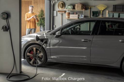 Ein Auto in einer Garage lädt an einer Wallbox, ein Mann im Hintergrund tippt auf sein Smartphone - Laden mit Solar-Strom.