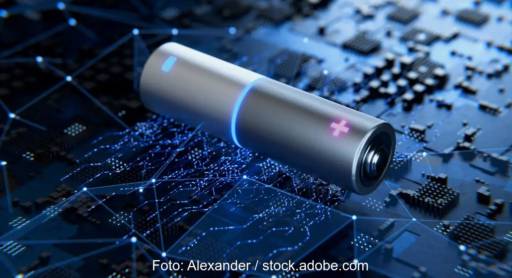 Im Bild eine Grafik mit einer Batterie und symbolischen Stromnetzen, die öffentlich geförderte Batterieforschung ist zentral für den Wirtschaftsstandort Deutschland.