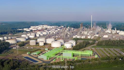 Blick auf Chemie-Anlage, daneben Illustration von Elektrolyseur in Grün - das Projekt Lingen Green Hydrogen.