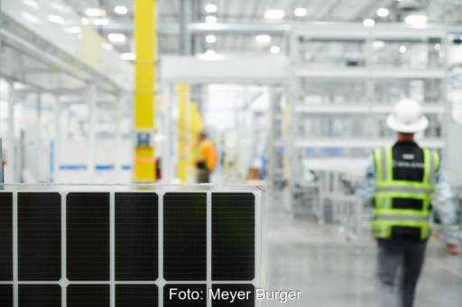Innenansicht einer Modulfabrik mit Arbeiter im Hintergrund und blauen Solarmodulen vorne.