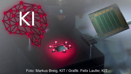 Foto und Grafik zeigen Symbol für KI und eine Perowskit-Solarzelle