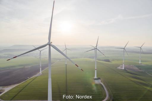 Mehrere Windkraftanlagen von Hersteller Nordex auf grünen Wiesen. Ein Abbild des europäischen Windmarkts.