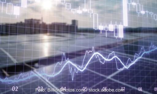 Im Bild eine Börsenkurve, die Energiewirtschaftsrechtsreform soll Solarstrom-Spitzen kappen.