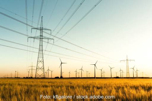 Windenergieanlgen und Stromnetz bei tief stehender Sonne.