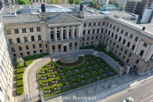 Das Foto zeigt das Gebäude vom Bundesrat aus der Vogelperspektive mit dem davorliegenden Garten. Energiegesetze sind häufig Teil der Beratungen im Bundesrat.