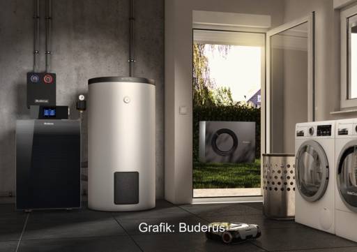 Ein Haus mit Wärmepumpe außen und Brennwertkessel innen, bilden Hybridsysteme von Buderus.