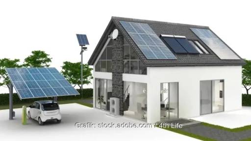 Im Bild eine Grafik eines Hauses mit Photovoltaik und E-Auto, IBC vertriebt Produkte von Huawei.