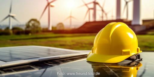 PV-Module mit Arbeitshelm vor dem Hintergrund rotierender Windenergieanlagen