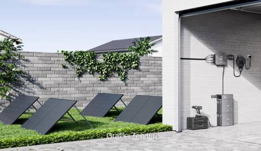 Im Bild ein Hof mit vier Photovoltaik-Modulen auf dem Rasen, neu sind KI-gestützte PV-Stromstromspeicher bei Zendure.