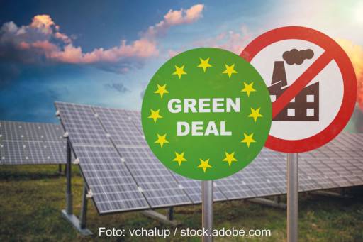 Symbolbild für EU-Solarstrategie und ETS-Reform: Schilder Green Deal und Abgase verboten vor einer Freiflächen-Solaranlage