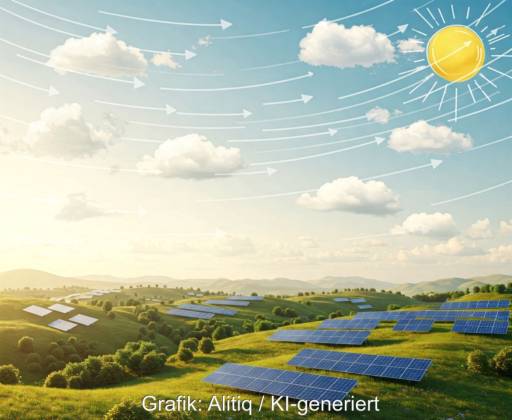 Eine Grafik mit Photovoltaik-Modulen in Hügellandschaft und Sonnen am Himmel als Symbol für die KI-basierte Solarprognose.