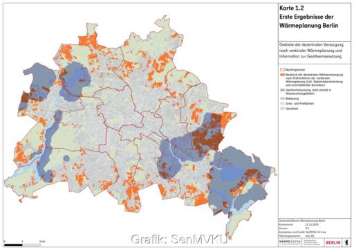 Eine Berlin-Karte zeigt die ersten Ergebnisse der Wärmeplanung, Wärmespeicher sind für ein klimaneutrales Berlin wichtig.