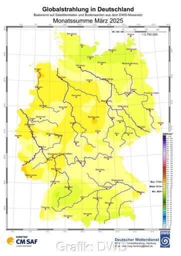 Zu sehen ist eine Deutschland-Karte mit der Sonneneinstrahlung in Deutschland im März 2025.