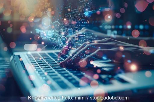 Hände tippen auf einem Laptop, darüber schweben Zeichen und Symbole - als Viusalisierung der Digitalisierung.