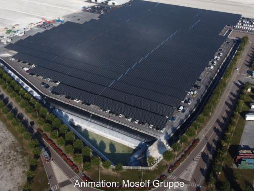 Animation zeigt großflächige Parkplatzüberdachung mit PV aus der Luft.